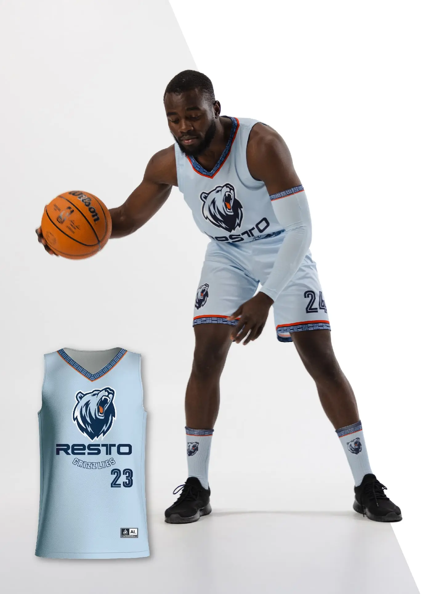 Basketball player in RESTO uniform